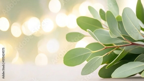 Fototapeta Eucalyptus branches and leaves on the table against bokeh background for decoration or wallpaper
