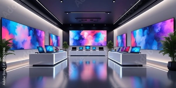 Fototapeta Futuristic tech store interior with sleek modern design, colorful digital displays, and high-end computers showcased on illuminated counters, ideal for technology, innovation, and retail themes.

