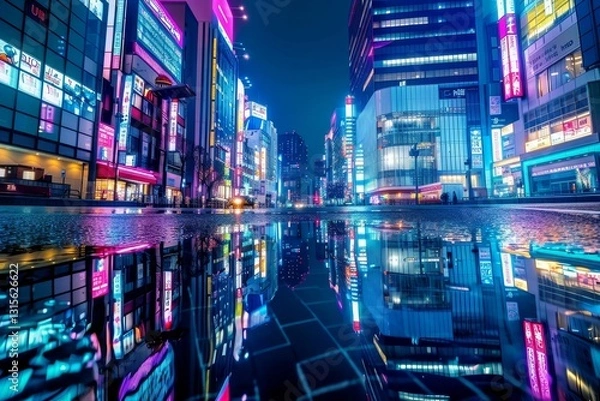Fototapeta Neon signs illuminate the city of Tokyo, Japan, as their colorful lights reflect off the wet streets, Capture the neon lights of Tokyo reflecting off the skyscrapers