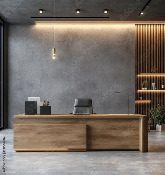 Fototapeta Modern Executive Office with Concrete Walls and Wooden Desk and empty wall mockup