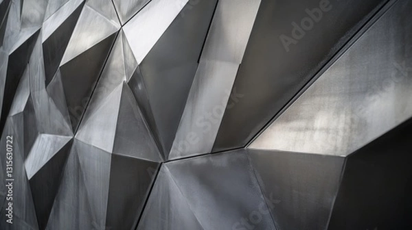 Fototapeta Advanced composite material surface with diamond-cut geometric facets, premium metallic finish transitioning from deep gunmetal to chrome, architectural panel system with precise angular joints,