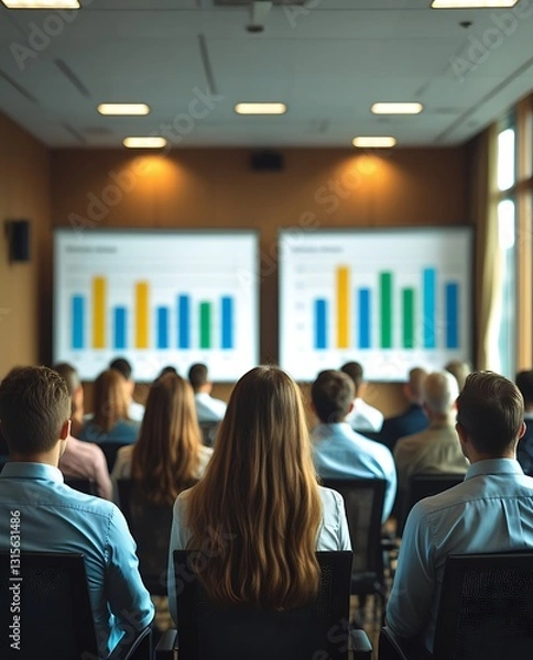 Fototapeta Audience of professionals attending a corporate business presentation in a modern conference room, with colorful bar charts displayed on dual screens for financial or data analysis purposes.

