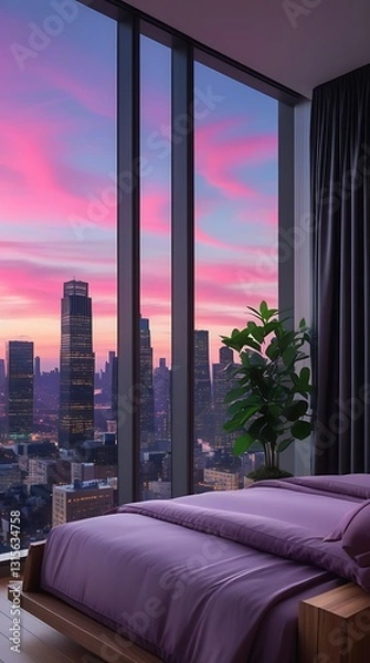 Fototapeta Luxurious modern bedroom interior with elegant purple bedding and panoramic floor-to-ceiling windows offering a stunning sunset city skyline view, ideal for architecture and lifestyle themes.


