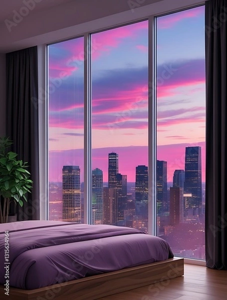 Fototapeta Luxurious modern bedroom interior with elegant purple bedding and panoramic floor-to-ceiling windows offering a stunning sunset city skyline view, ideal for architecture and lifestyle themes.


