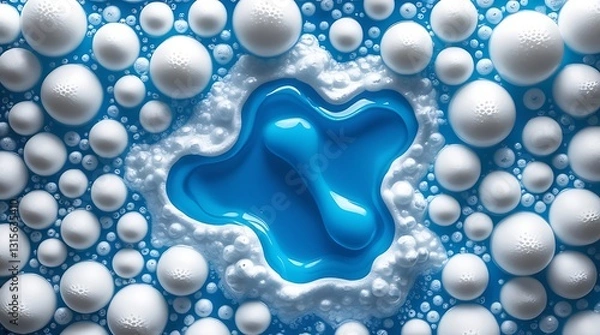 Fototapeta Close-up of white soap bubbles surrounding a vivid blue liquid detergent pool, creating a visually striking abstract texture ideal for cleanliness, hygiene, or background design themes.

