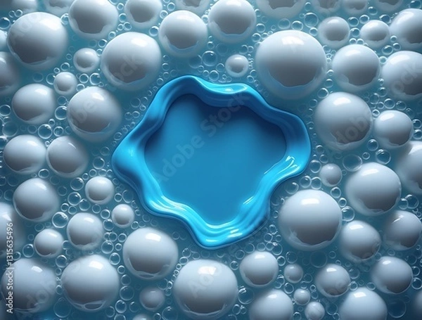 Fototapeta Close-up of white soap bubbles surrounding a vivid blue liquid detergent pool, creating a visually striking abstract texture ideal for cleanliness, hygiene, or background design themes.

