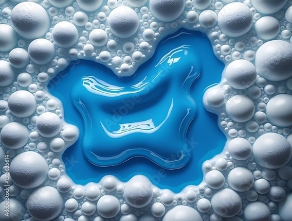 Fototapeta Close-up of white soap bubbles surrounding a vivid blue liquid detergent pool, creating a visually striking abstract texture ideal for cleanliness, hygiene, or background design themes.

