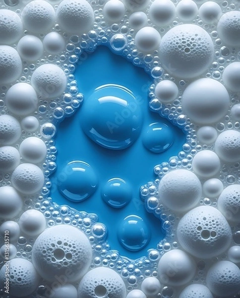Fototapeta Close-up of white soap bubbles surrounding a vivid blue liquid detergent pool, creating a visually striking abstract texture ideal for cleanliness, hygiene, or background design themes.

