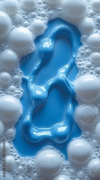 Fototapeta Close-up of white soap bubbles surrounding a vivid blue liquid detergent pool, creating a visually striking abstract texture ideal for cleanliness, hygiene, or background design themes.

