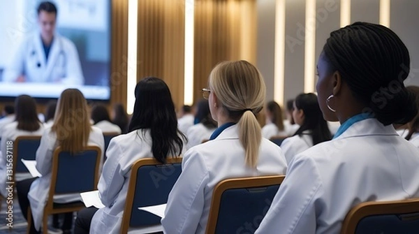 Fototapeta Large group of medical professionals in white lab coats attending a healthcare conference or educational seminar, focused on a presentation with charts and data on a big screen.

