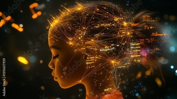 Fototapeta Conceptual education technology artwork featuring feminine profile outline, intricate network of illuminated nodes within head space, physics formulas and data charts in atmosphere, smooth gradients,