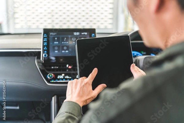Obraz 自動車の車内でタブレットを使い・メンテナンス・修理・チェック・点検する男性作業員
