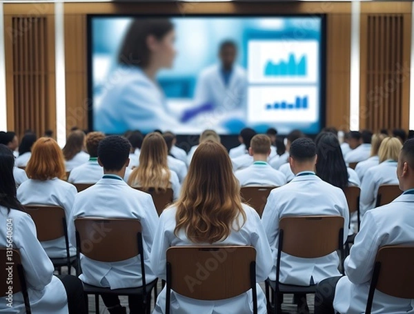 Fototapeta Large group of medical professionals in white lab coats attending a healthcare conference or educational seminar, focused on a presentation with charts and data on a big screen.


