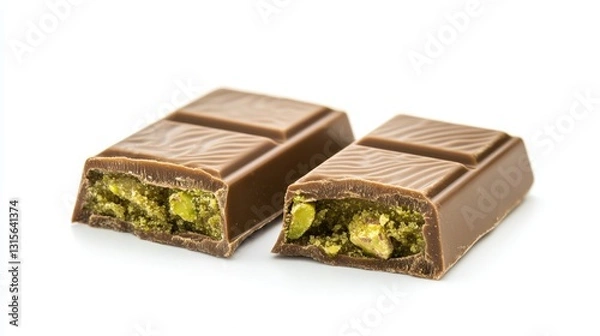 Fototapeta A finely crafted milk chocolate bar with a core of creamy pistachio paste and crisp kataifi, cut open to expose its intricate textures and layers. 