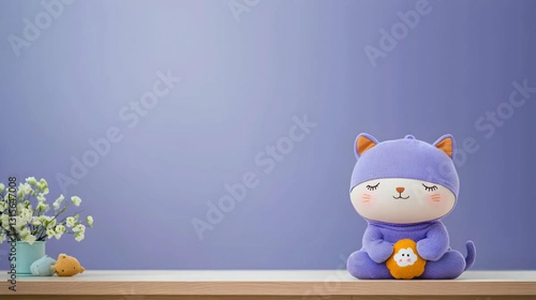 Obraz A cute plush cat toy sitting with a purple background