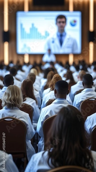 Fototapeta Large group of medical professionals in white lab coats attending a healthcare conference or educational seminar, focused on a presentation with charts and data on a big screen.

