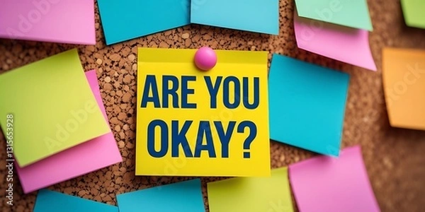 Fototapeta Sticky note with bold black text reading "ARE YOU OKAY?" pinned to a corkboard among colorful handwritten notes, symbolizing mental health awareness, empathy, and emotional support.

