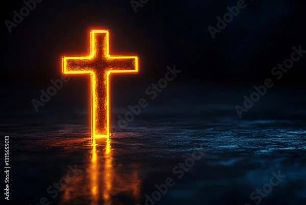 Fototapeta a glowing golden cross against a black background, symbolizing hope and light in jesus christ.