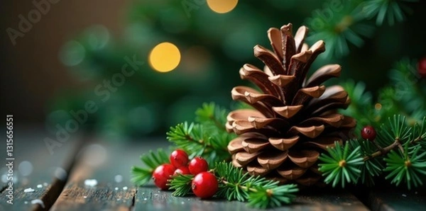 Fototapeta Tree cone covered in festive greenery and berries, Christmas wreath, wintery charm