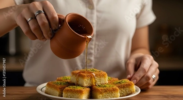 Fototapeta Delicious golden basbousa dessert with pistachios honey drizzle jug food cake hand clay dark sweet