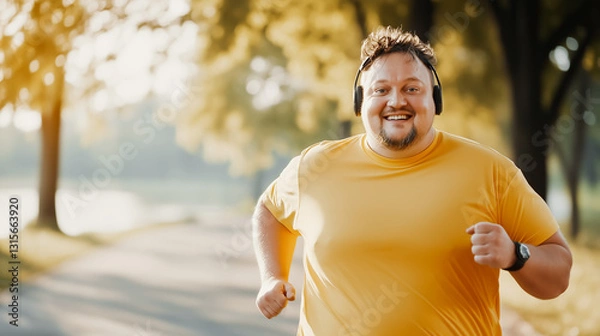 Fototapeta Smiling overweight man wearing yellow t-shirt and headphones jogging to lose weight and maintain healthy lifestyle outdoors in summer. Striving for positive changes in life.