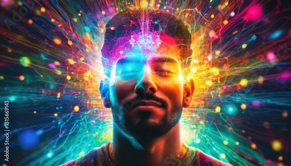 Fototapeta Vibrant explosion depiction human mind bursting with spectrums. creative thoughts ideas illuminating. mindfulness concept. creative art. nebula background.