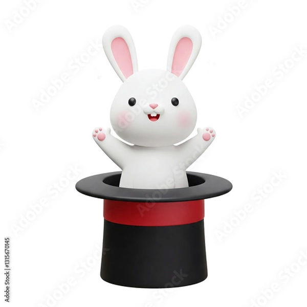 Fototapeta Collection of Isolated Cheerful 3D White Rabbit Characters Popping out of a Classic Magician's Hat