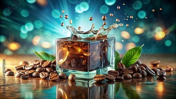 Fototapeta Cold Brew Coffee Packaging Box Mockup: 3D Floating Elements, Water Splash, Bokeh & Neon Lights