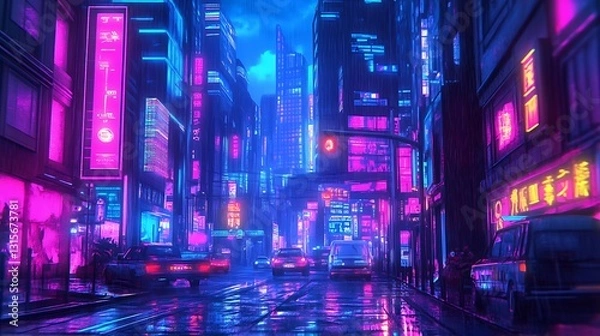 Fototapeta A vibrant, neon-lit cityscape reflecting a futuristic urban environment at night.