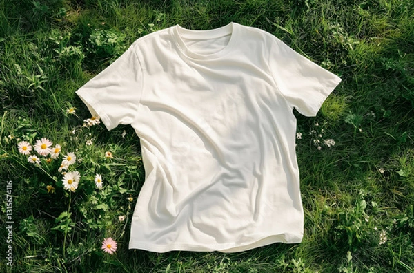 Fototapeta Mockup of blank white t-shirt lying on green grass with wild flowers in field on spring or summer day. White cotton clothes for branding, design or logo placement, shot from top angle, copy space.