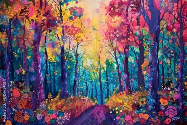 Fototapeta A colorful painting of a forest path with vibrant trees and flowers, A vibrant, colorful forest bursting with life and energy