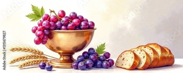 Fototapeta Soft watercolor depiction of wine bowl with grapes and wheat, alongside loaf of bread, holy communion, sacred ritual