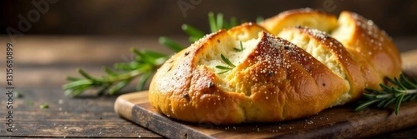 Fototapeta Fragrant Italian focaccia bread with rosemary and garlic on a rustic wooden table , wood, rustic