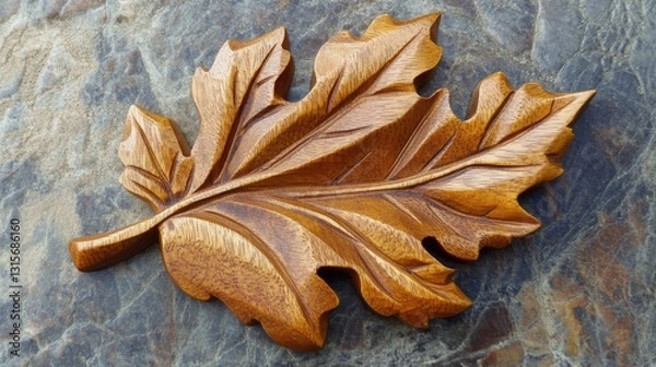 Fototapeta Artisanal Leaf: A detailed wooden carving of a vibrant leaf, showcasing intricate textures and artistic craftsmanship