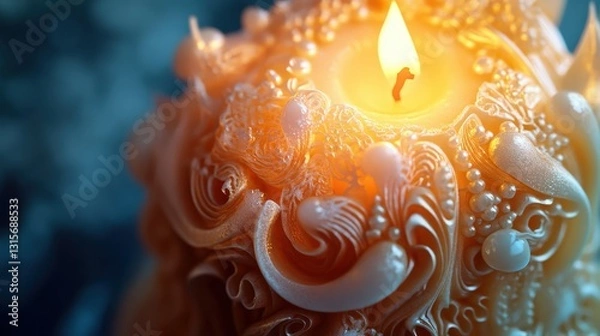 Fototapeta Glowing Candle: A close-up of a beautifully sculpted candle, its warm flame casting a gentle, inviting light and intricate patterns.