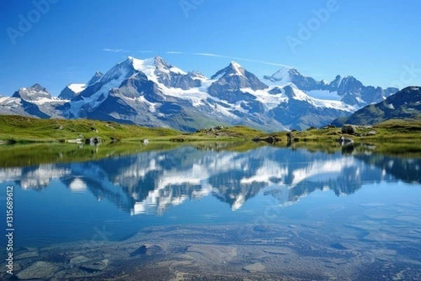 Fototapeta A breathtaking view of a mountain lake reflecting snow-capped peaks in the Swiss Alps, A serene mountain lake reflecting the surrounding snow-capped peaks