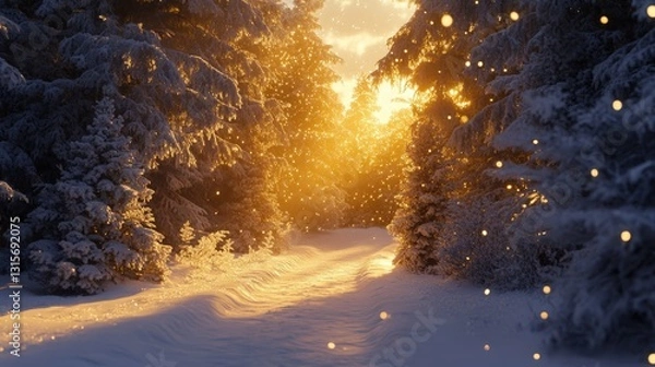 Fototapeta Winter Wonderland: A snowy forest trail is illuminated by the warm glow of the rising or setting sun, creating a magical winter scene