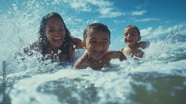 Obraz Joyful family splashing in the ocean waves on a sunny summer day
