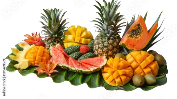 Obraz Fresh tropical fruits composition resting on green leaves with transparent background