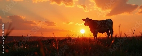 Fototapeta Silhouette of a single cow in the fields at sunset, farmland, farm, cow