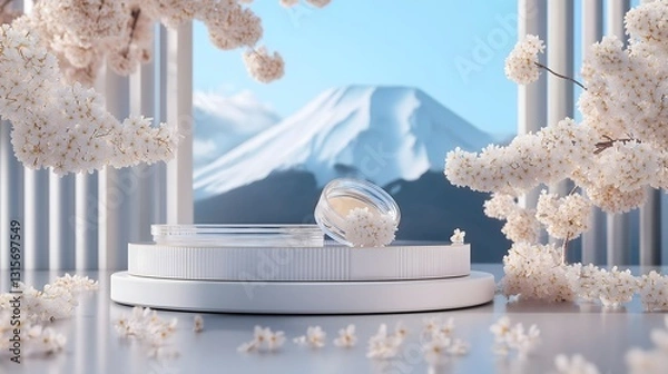 Fototapeta Beauty product display featuring cherry blossoms and a mountain backdrop during a sunny day