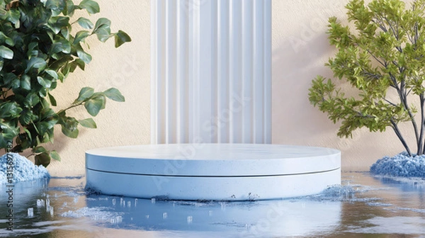 Fototapeta Colorful underwater scene featuring coral, sea plants, and a circular platform with soft lighting for a tranquil atmosphere