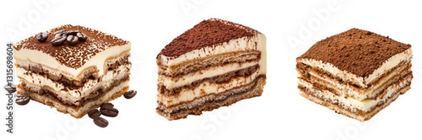 Fototapeta Set of A slice of decadent tiramisu with cocoa dusting, isolated white transparent background