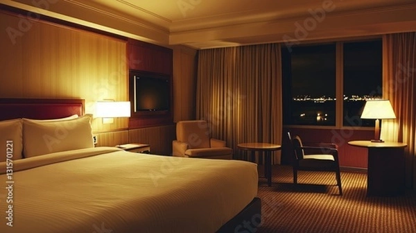 Fototapeta Cozy and Elegant Hotel Room with Comfortable Bed and Soft Lighting at Night with Scenic City View Through the Window