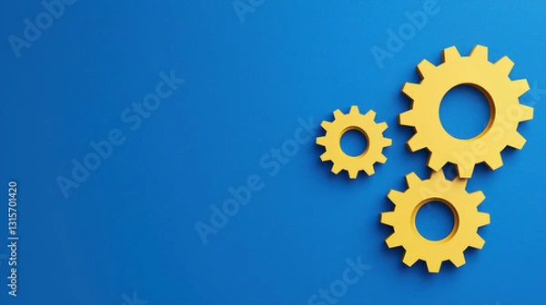 Fototapeta Entrepreneur thinking outside the box. Bright yellow gears on blue background create striking visual contrast