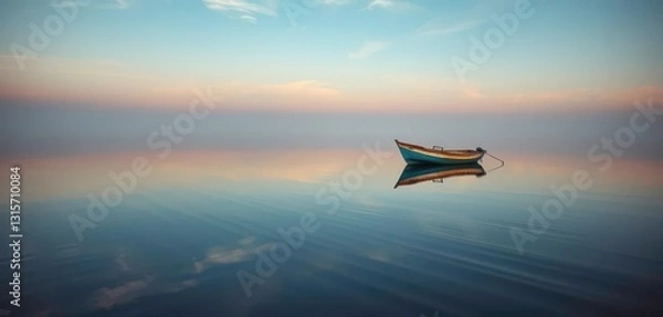Obraz A weathered fishing boat, alone on a still lake at dawn, stillness, solitary