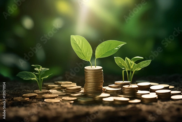 Fototapeta A pile of coins with small green trees sprouting leaves.