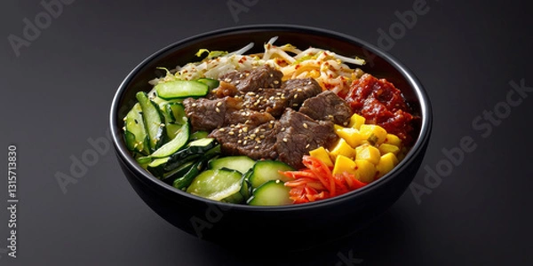 Fototapeta bowl of Korean bibimbap with colorful vegetables and beef, garnished with sesame seeds