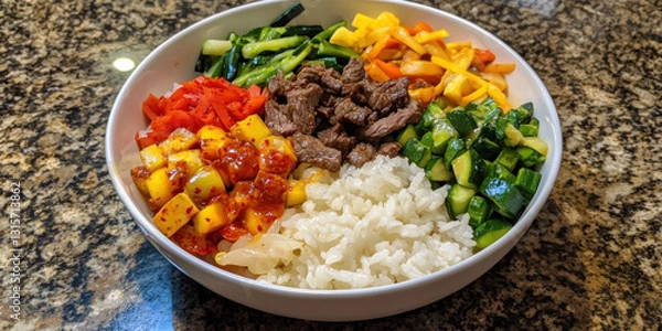 Fototapeta bowl of Korean bibimbap with colorful vegetables and beef on granite countertop
