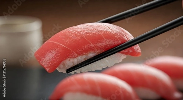 Obraz Chopsticks Holding Tuna Nigiri Sushi with Blurred Background, Generative AI